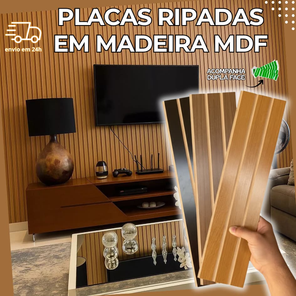 Kit 50 Até 200 Placas Ripados Revestimentos Painel Decorativo MDF MADEIRA 45cmx10cm  Sala Tv Quarto