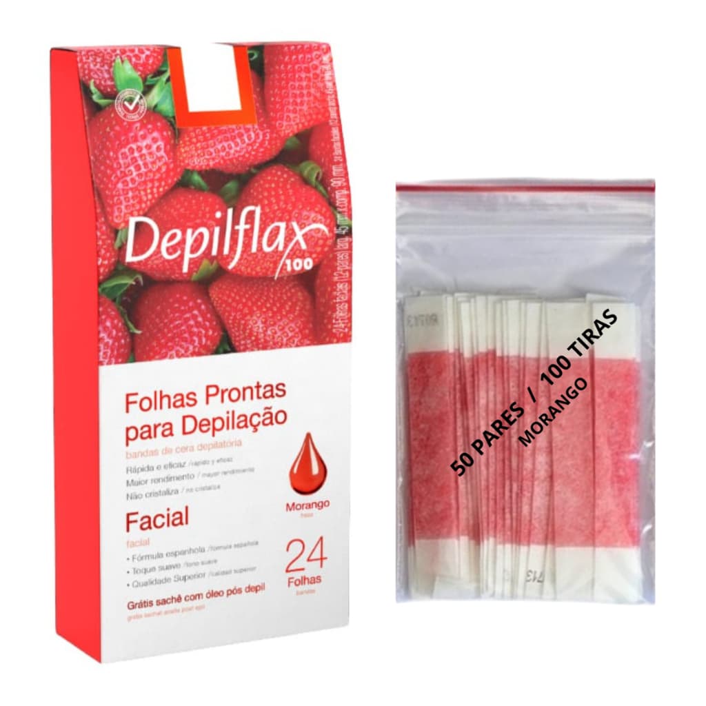 50 Pares de Tiras Depilflax p/Depilação de Sobrancelhas Morango