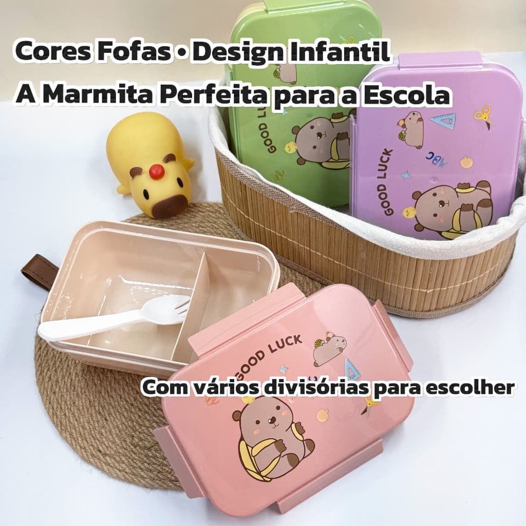 Marmita Infantil Capivara com Divisórias e Tampa Vedada + Talher – Lilás, Verde e Rosa 920ML