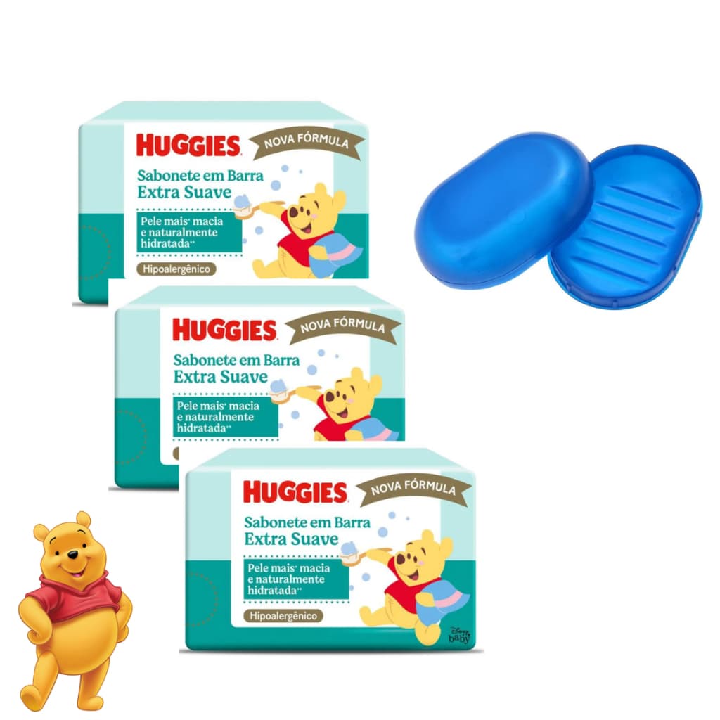 Kit 3 Sabonetes Huggies Extra Suave 3x75 g + Saboneteira Azul | Pele Sensível
