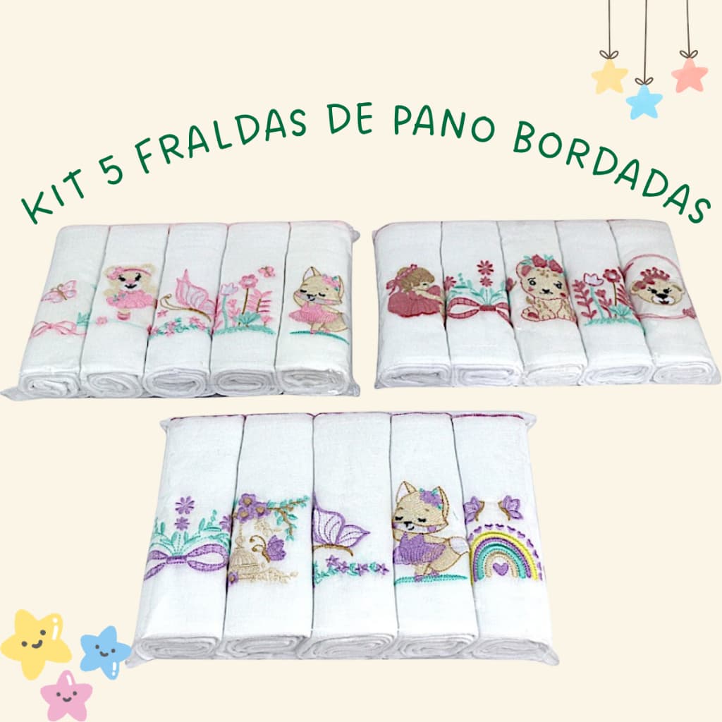 Kit 5 Fraldas De Pano Bordadas 100% Algodão Tecido Duplo Fraldinha de Ombro Amamentação Boca Passeio