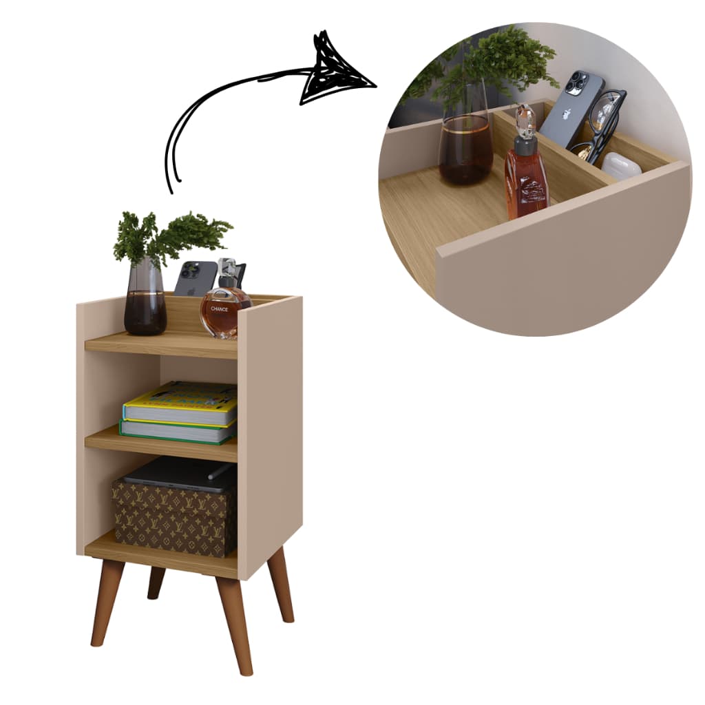 Mesa de Cabeceira Compacta com Nicho e Prateleira | Criado Mudo Retrô p/ Cama Box Quarto Casal/Solteiro