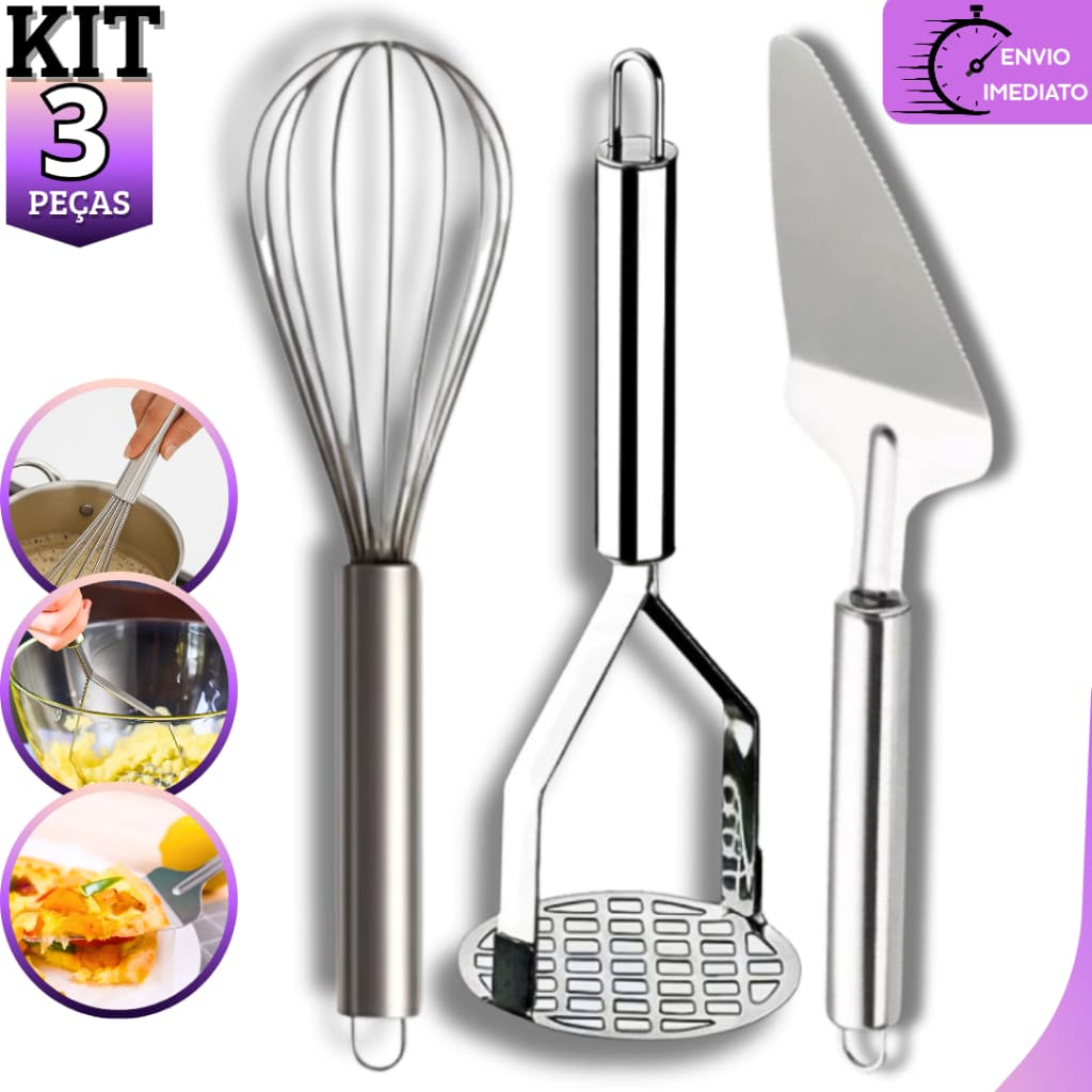 Kit 3 Utensílios de Cozinha – Fouet, Amassador de Batata e Espátula de Bolo