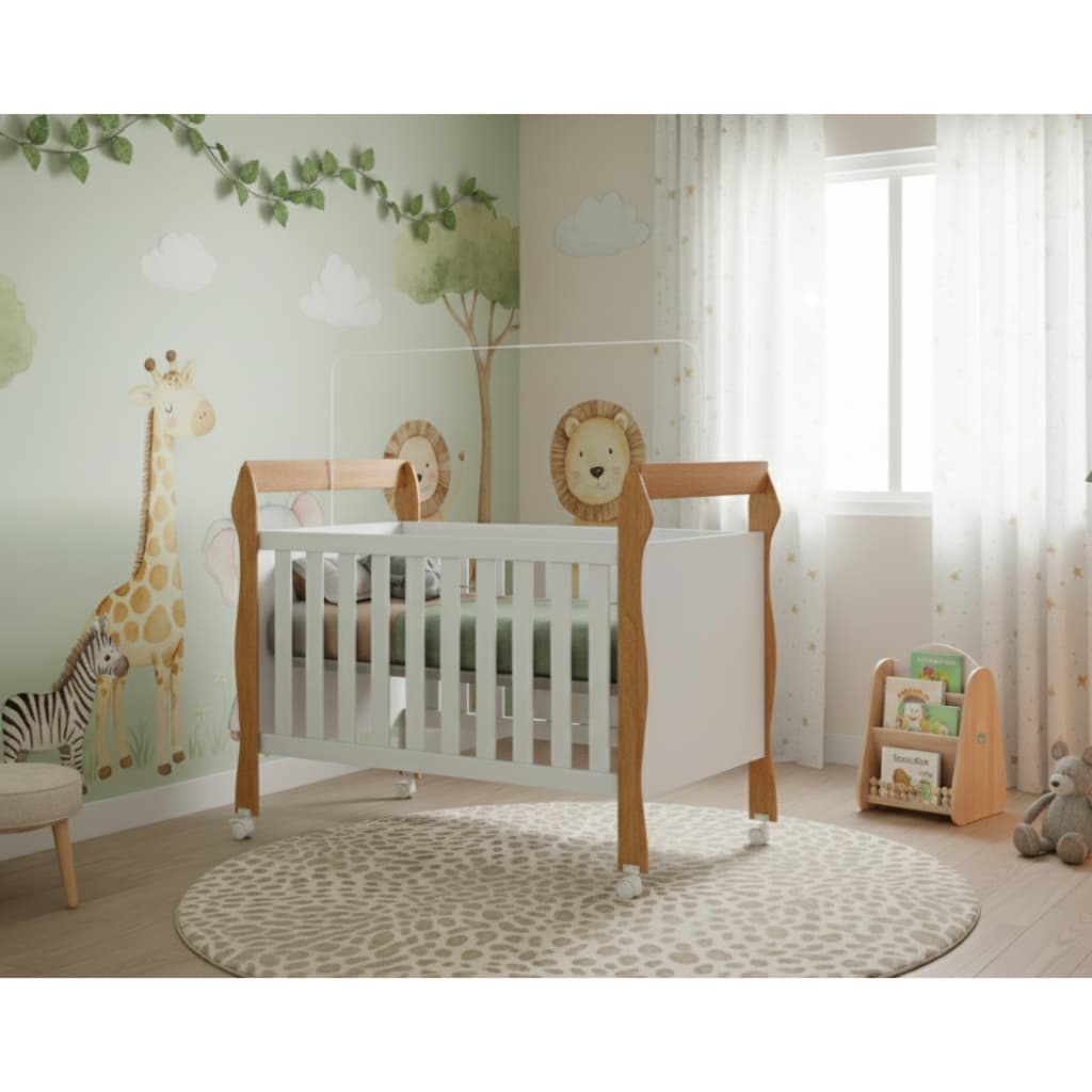 Berço Soninho Branco/Amadeirado Americano Vira Mini Cama Rodízios Moderno Infantil Colchão Incluso - AV