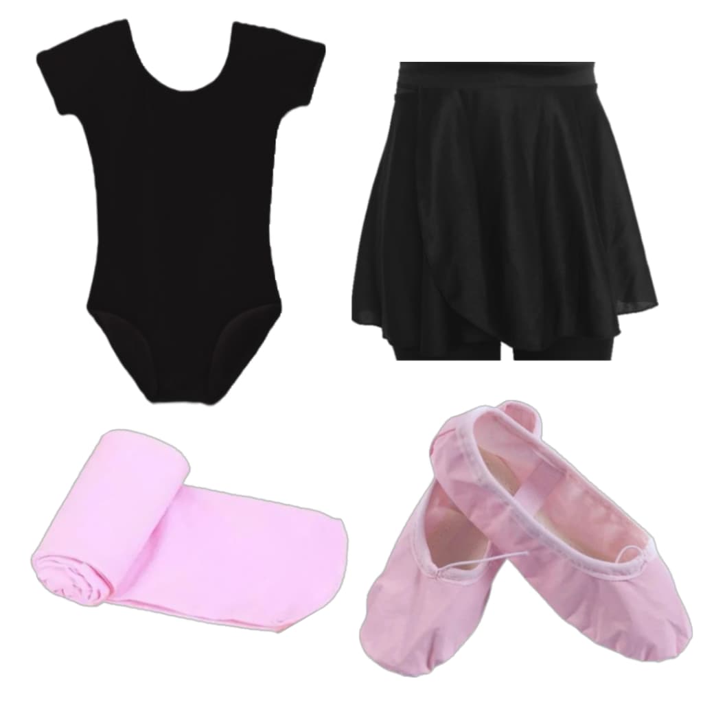 Kit Ballet Infantil Misto Com 4 Itens: Collant Meia Manga Preto + Saia Transp. Preto + Meia + Sapatilha - Bailarinas