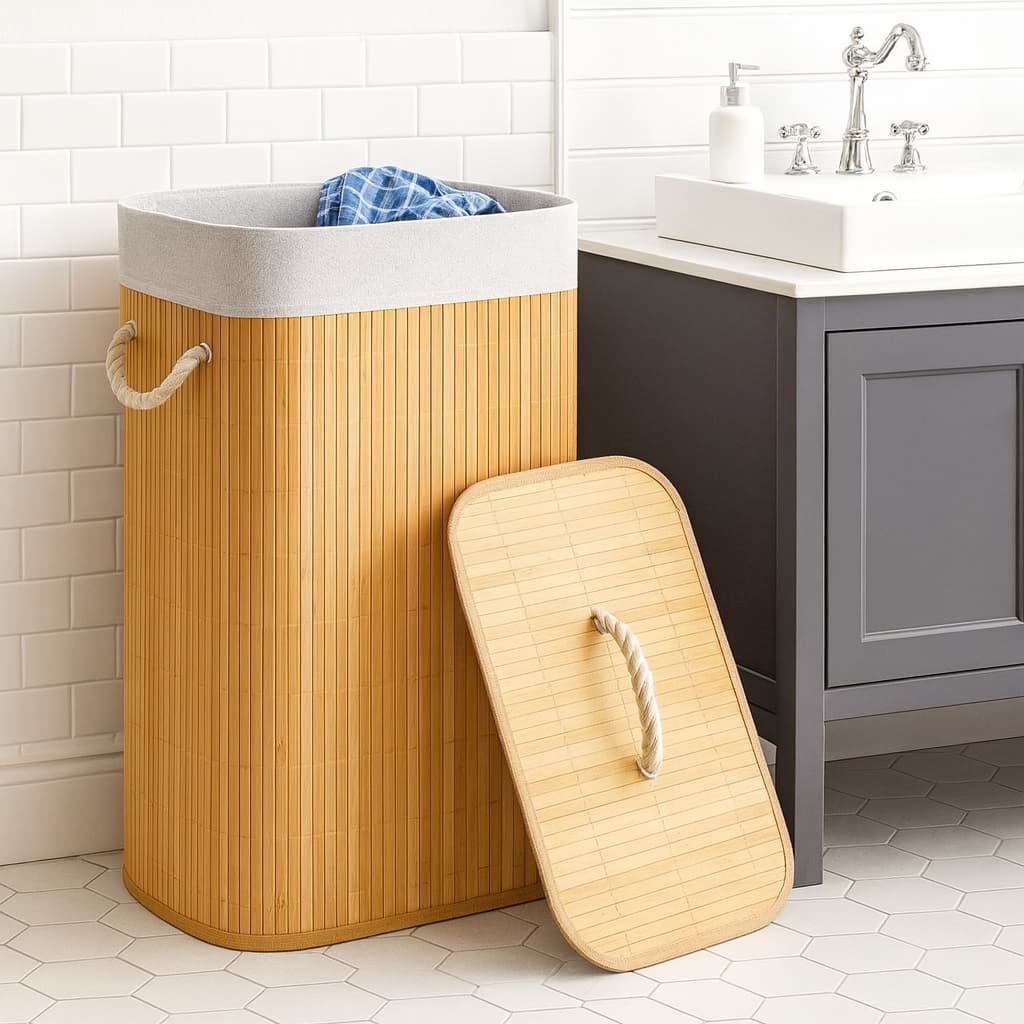 Cesto De Roupas De Bambu Natural Tampa 70L Ecológico Banheiro Multiuso Alças Dobrável Organizador