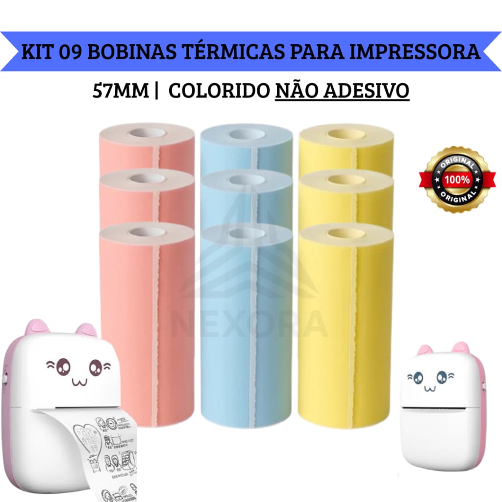 Kit 9 Bobina Rolo Etiqueta Térmica Não Adesiva 57mm Colorida Mini Impressora | Envio Imediato