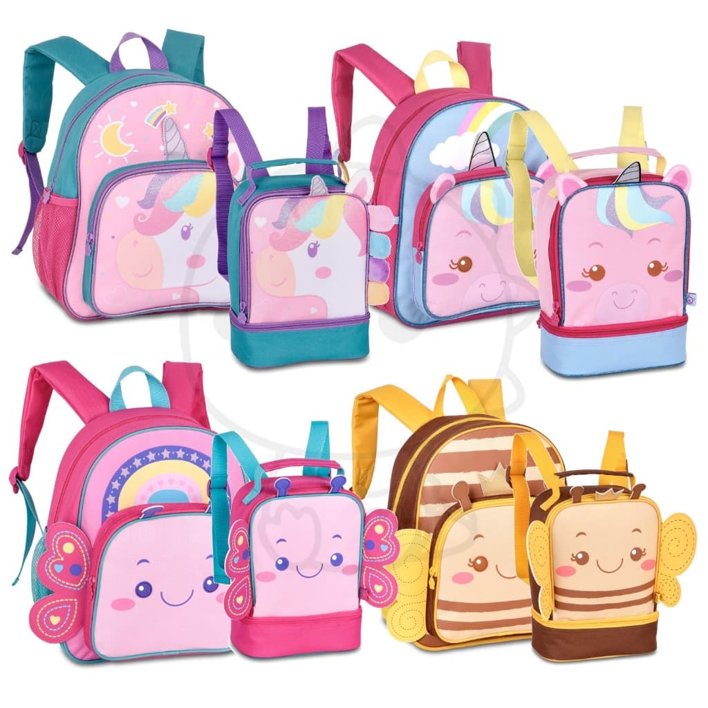 Mochila Infantil Escolar Costas Rodinha Lancheira infantil Borboleta Unicornio