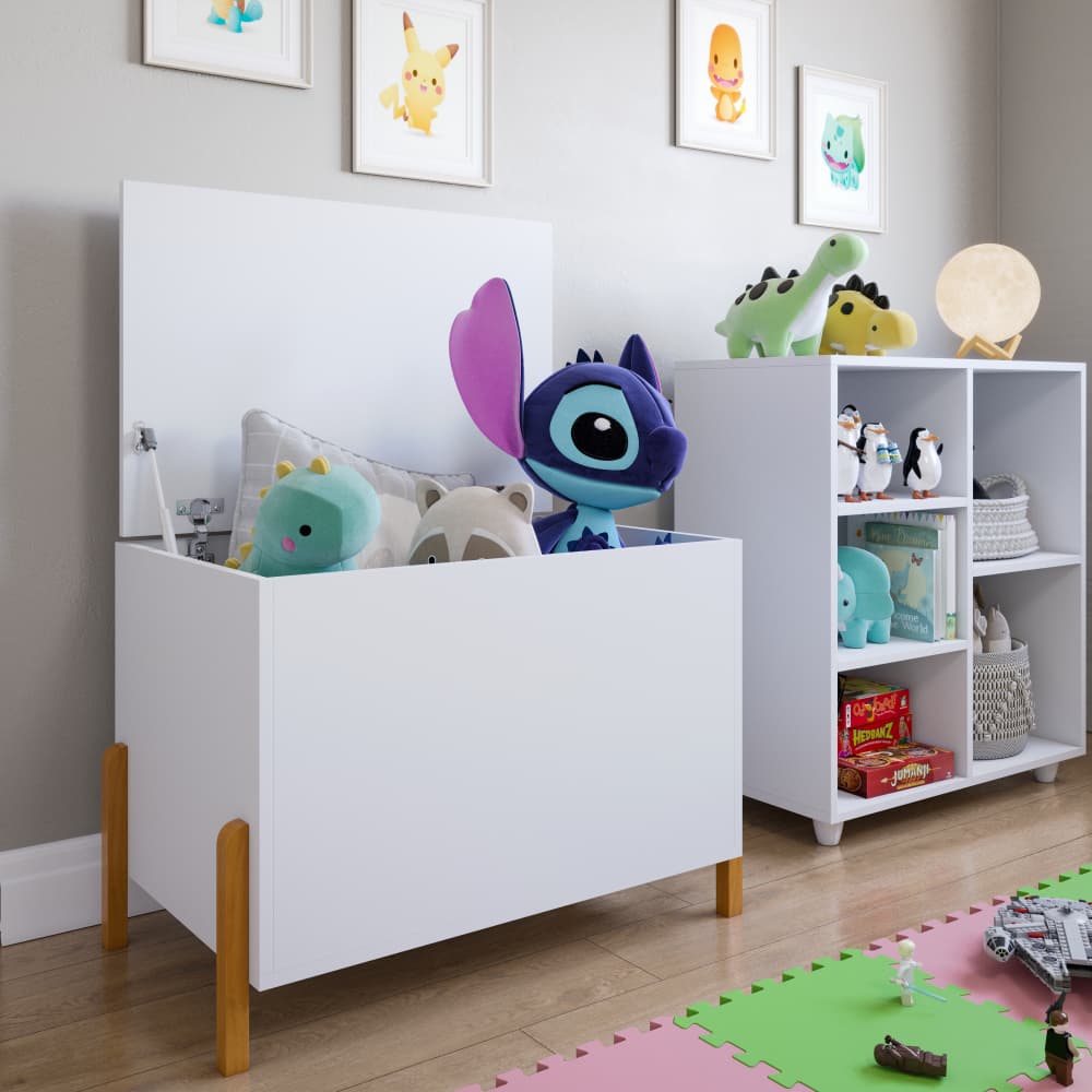 Baú Kids Caixa De Brinquedos Organizadora Branca Com Pés em Madeira Maciça