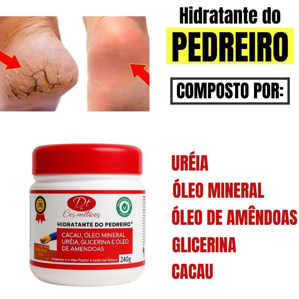 Creme Hidratante do Pedreiro  com Ureia Para Pés Rachados Glicerina Óleo de Amêndoas Cacau Corpo Mão 240g