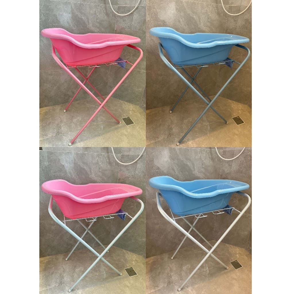 Banheira Bebê Compacta c/ Suporte: Cores Rosa (c/ suporte branco) e Azul (c/ suporte azul)