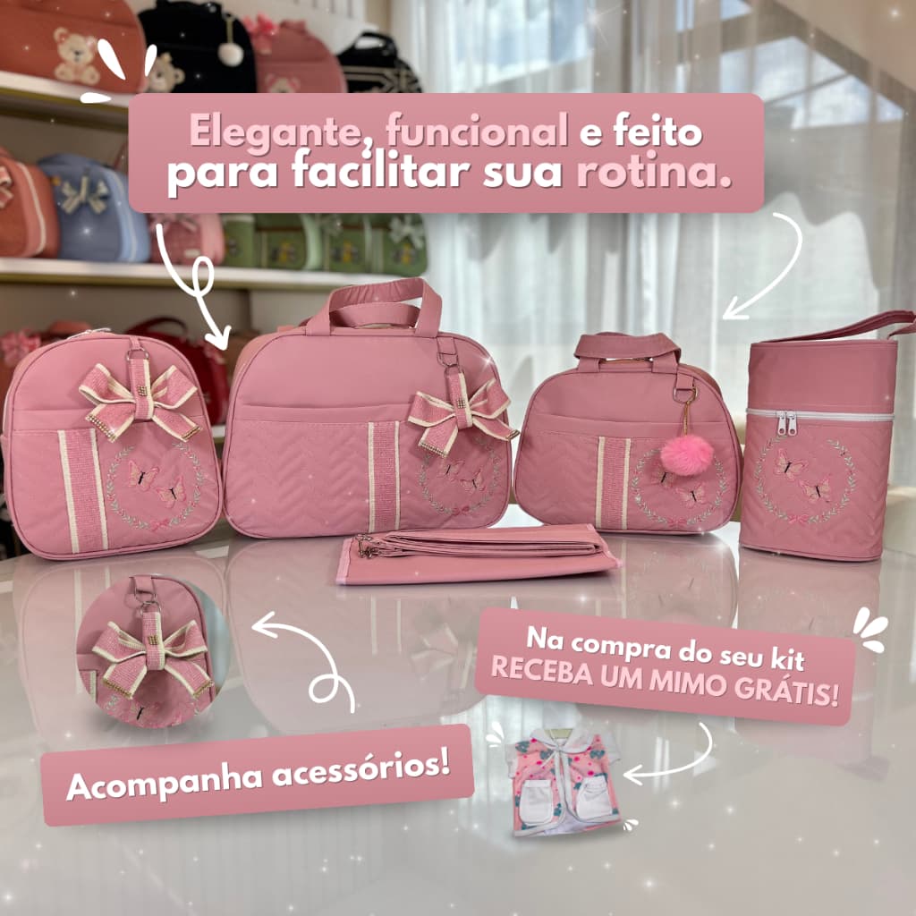 Kit Bolsa Maternidade com Borboletas para Bebê Menina
