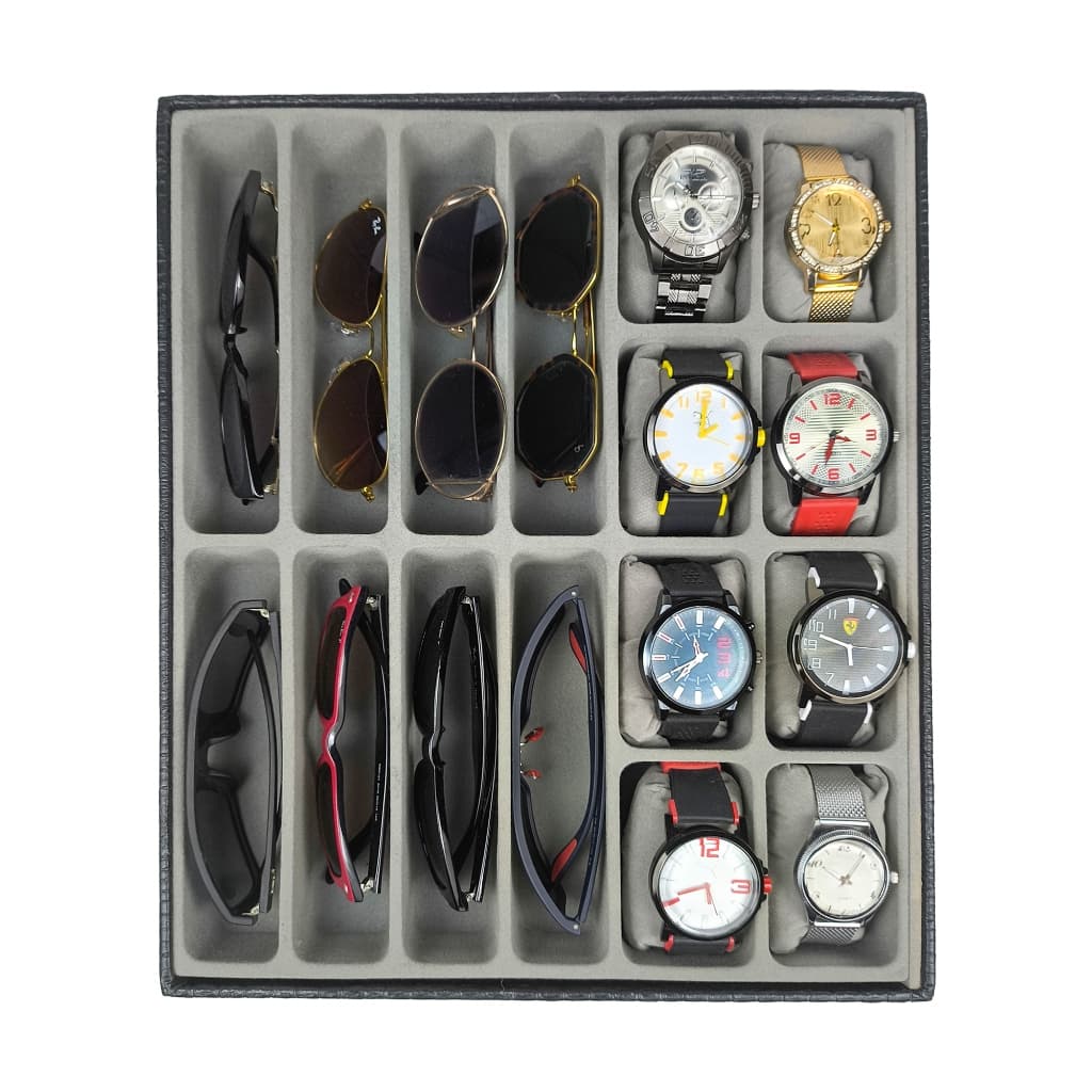Bandeja Organizadora para 8 Relógios e 8 Óculos Preto com Interno Aveludado Cinza
