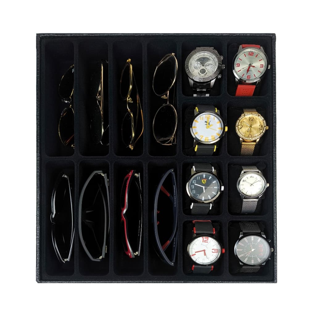 Bandeja Organizadora para 8 Relógios e 8 Óculos Preto com Interno Aveludado Preto
