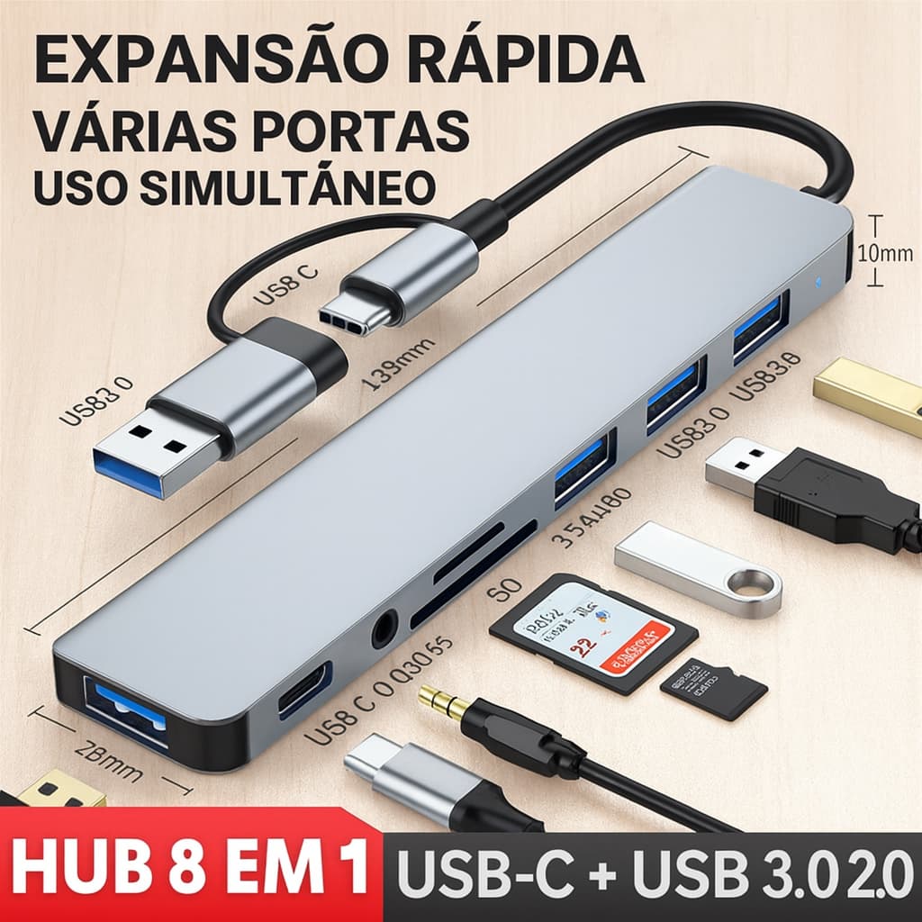 Hub USB-C 8 em 1 Super Rápido – USB 3.0 / 2.0 + SD + MicroSD + Áudio P2 | Para MacBook, Dell, Lenovo