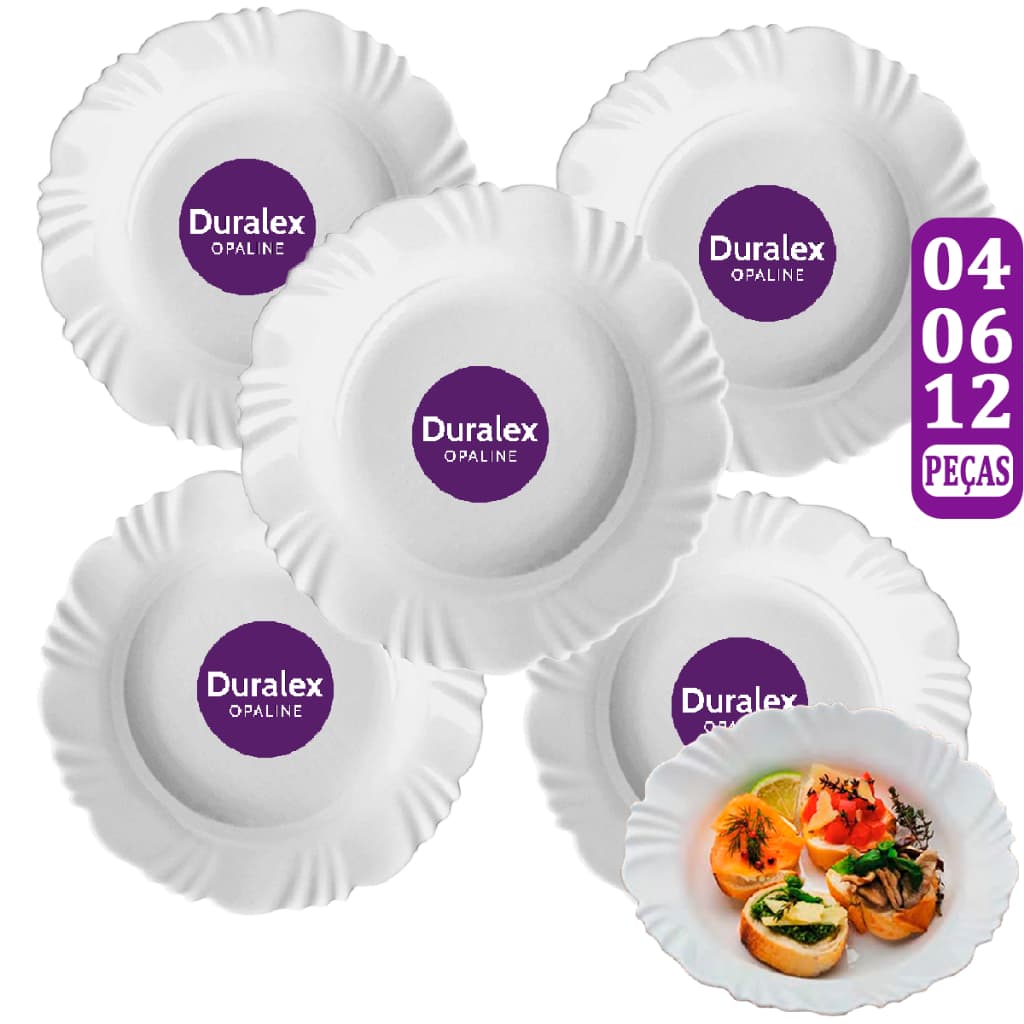 Jogo Kit 04/06/12 Pratos Fundo Duralex Pétala Branco Vidro Resistente Nadir Figueiredo Almoço Jantar