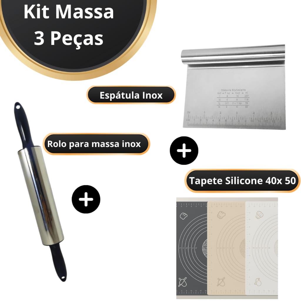 KIT MASSA , PAO, CONFEITARIA, BOLO, Rolo Inox profissional , Espátula inox, Tapete silicone