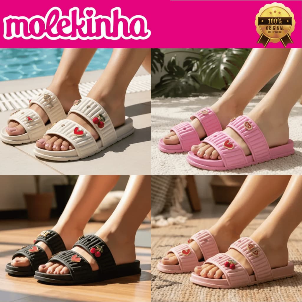 Chinelo Molekinha Meninas Papete Nuvem Bottons Lançamento Slide Confortável Pins Frutas Original