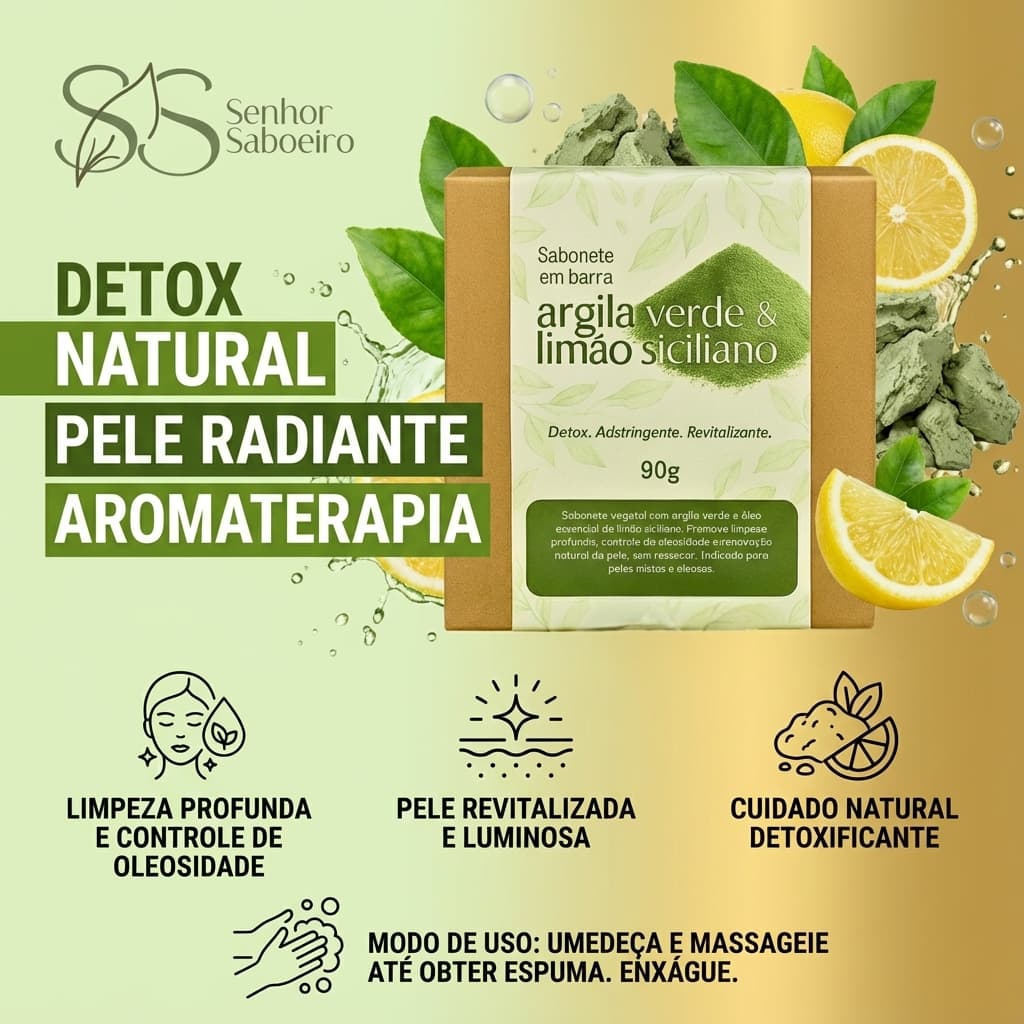 Sabonete Detox Impurezas Oleosidade com Óleo Essencial -  Skin Care 90g Argila Verde