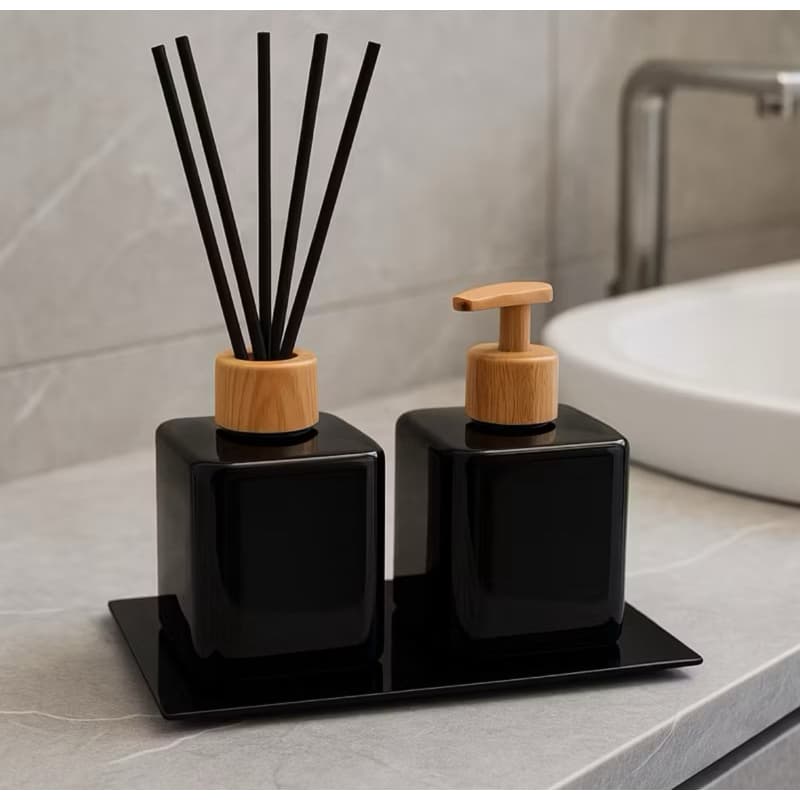 Kit Lavabo Pet Frasco Preto Quadrado Com Bandeja Luxo e Vareta Difusora