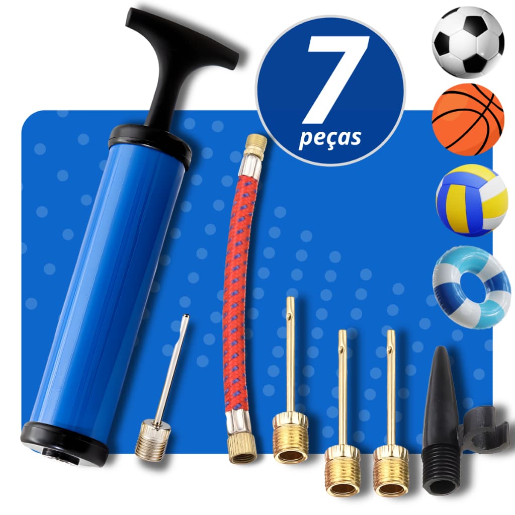 Kit Bomba Ar Manual Para Encher Bolas + 5 Bicos Universal Inflar Futebol Volei Basquete e Infláveis