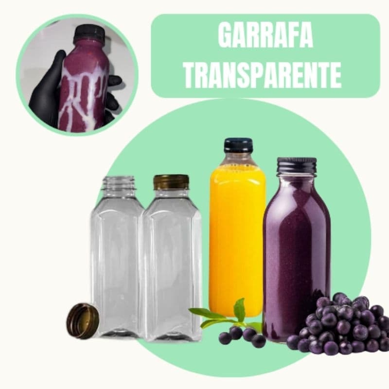 Garrafa PET 300/500ml Transparente com tampa preta lacre para Suco, Açaí, Vitamina e Bebidas em Geral