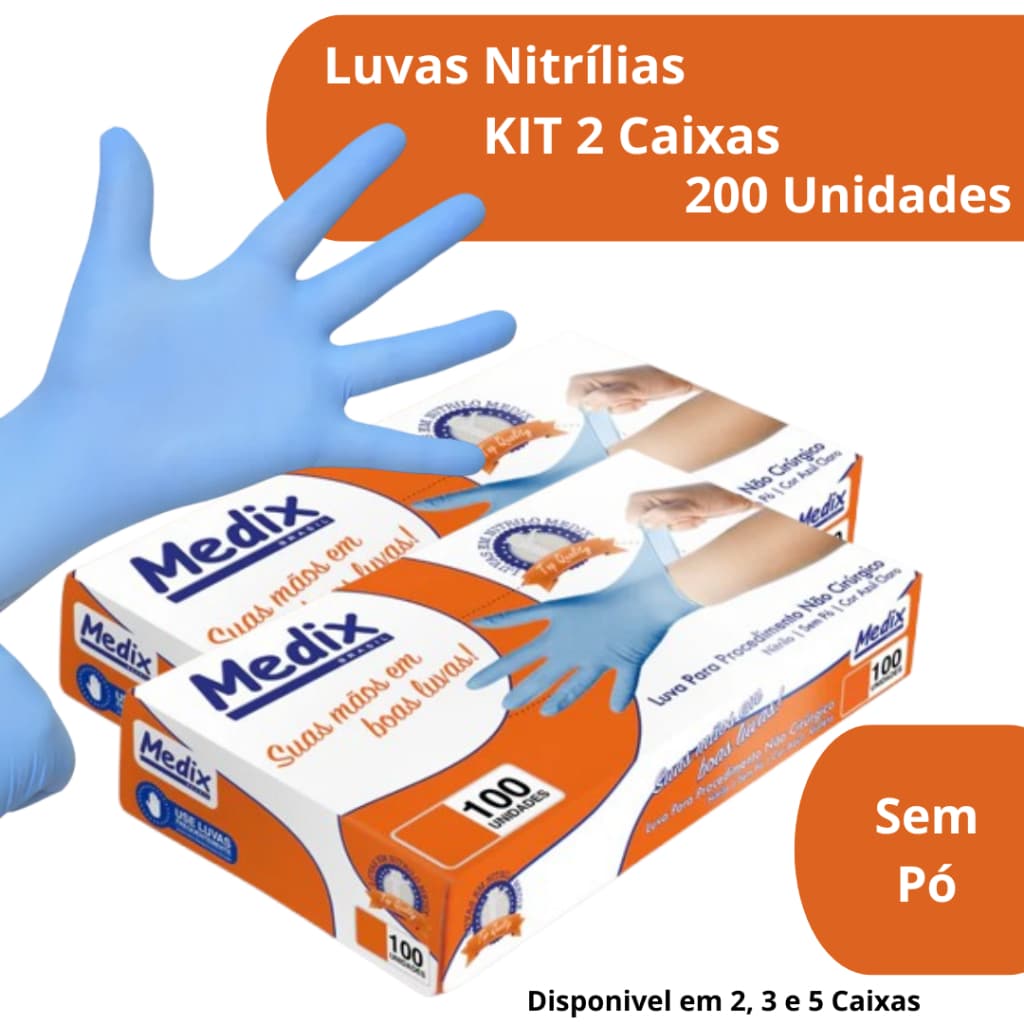 kit 2 Caixas Luvas Nitrílicas Sem Pó - Azul / 200 Unidades – Uso Profissional PP/P/M/G