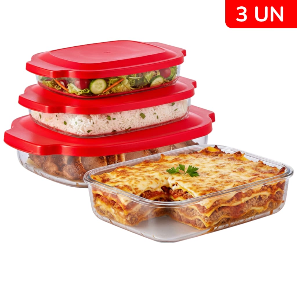 Kit 3 Travessas De Vidro Retangular Grande C/ Tampa A Vácuo 2000-2700-3800ML Frezer forno Assadeira
