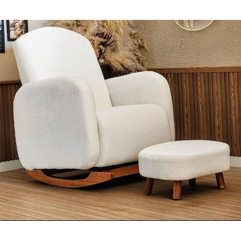 Poltrona de Amamentação Decorativa Curva  Balanço  Orgânica Boucle Bege ou Cinza com Puff para Sala Moderna Confortável!