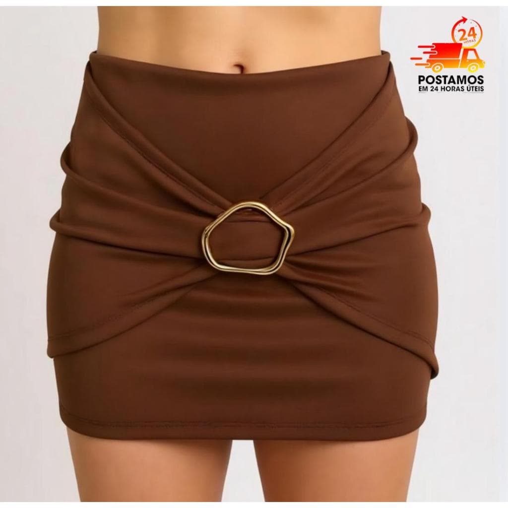 Shorts Saia Elastano Blogueira com Argola Fivela Dourada Tecido Neoprene Zero Transparência