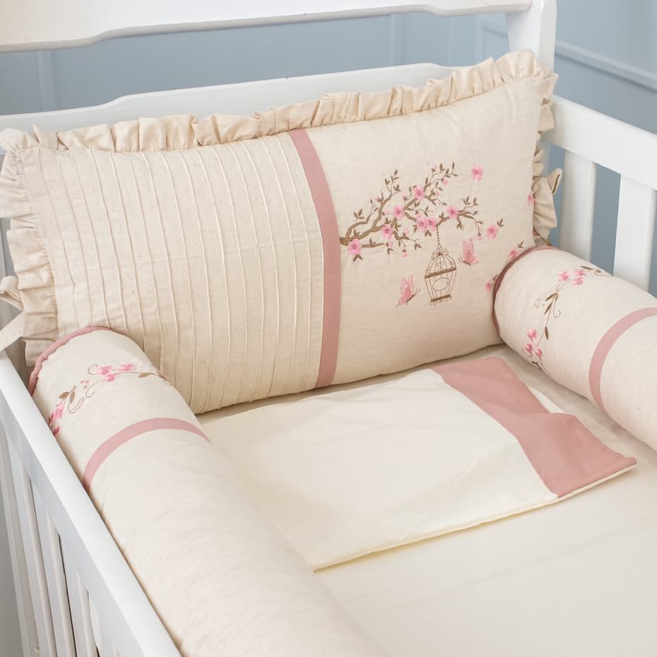 Kit Berço Americano Linho Luxo Rose Flores Jardim 100% Algodão Menina Bordado Enxoval de Bebê