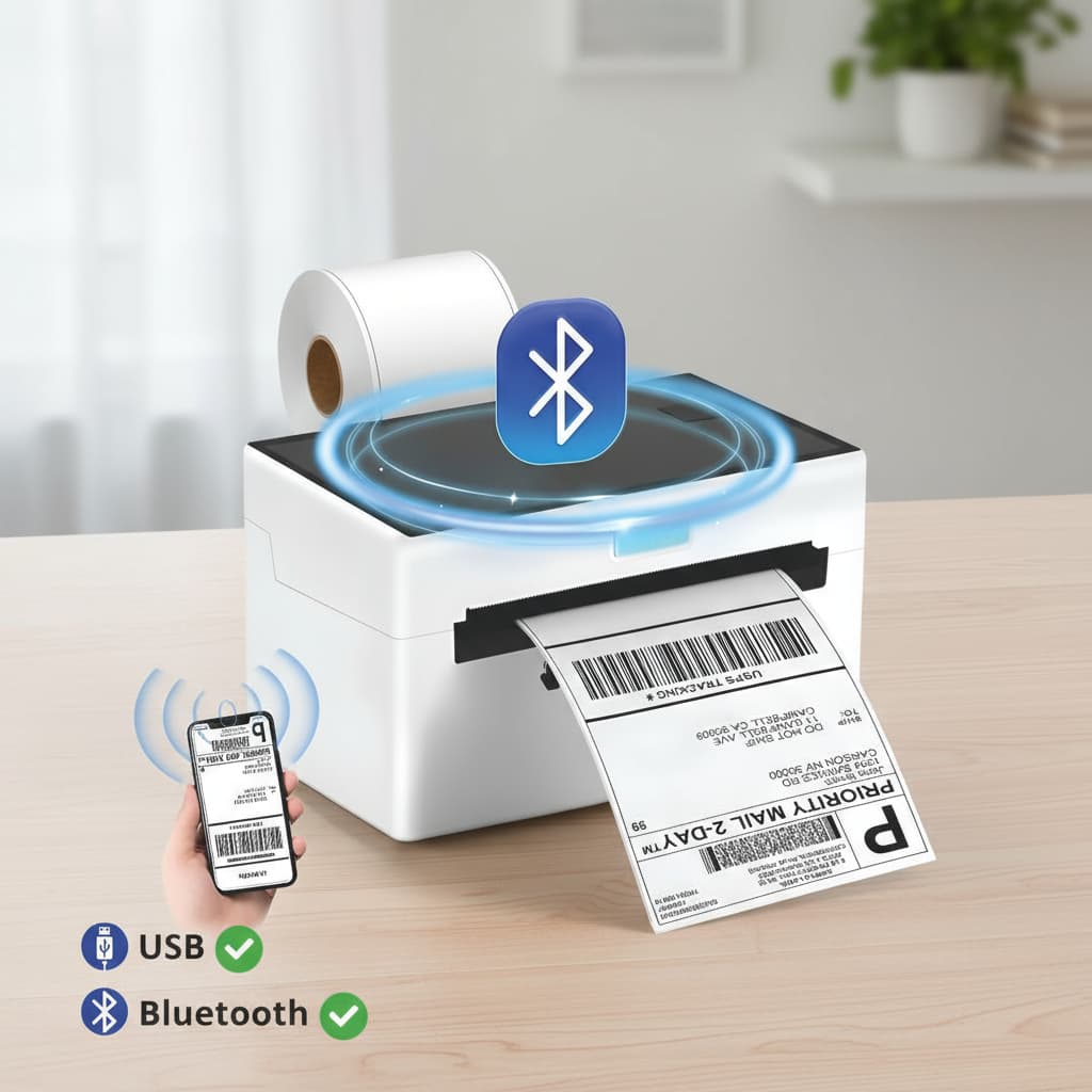 Impressora Térmica de Etiquetas Adesivas USB + Bluetooth Sem Fio Alta Resolução 203DPI Compatível com PC e Celular