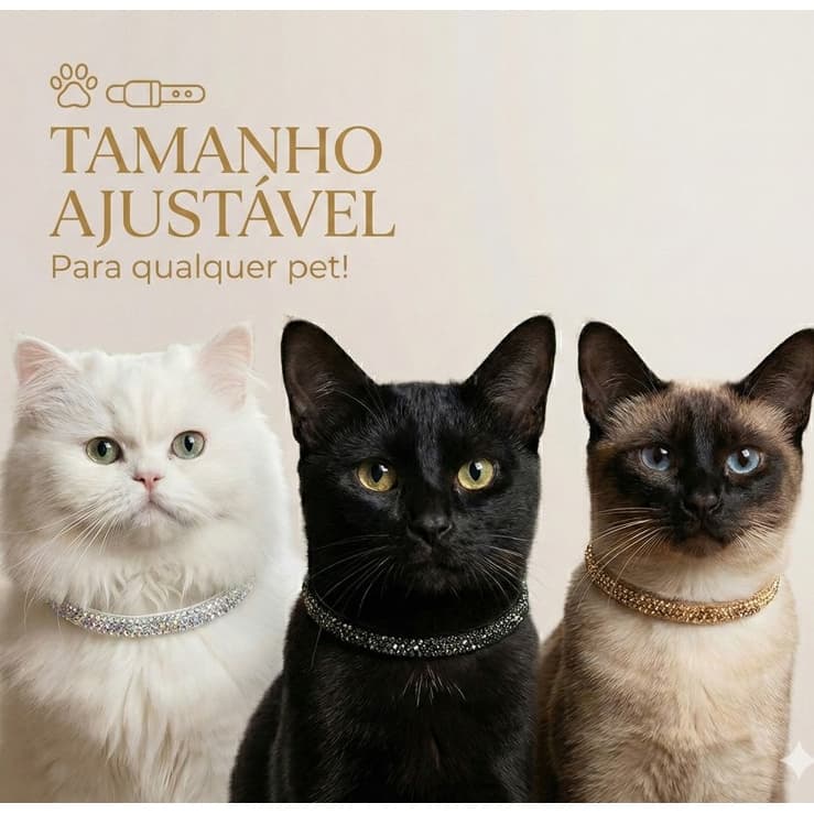 Coleira Pet Luxo Strass Brilho Ajustável - Colar Choker para Gatos e Cachorros - Acessório Moda Pet
