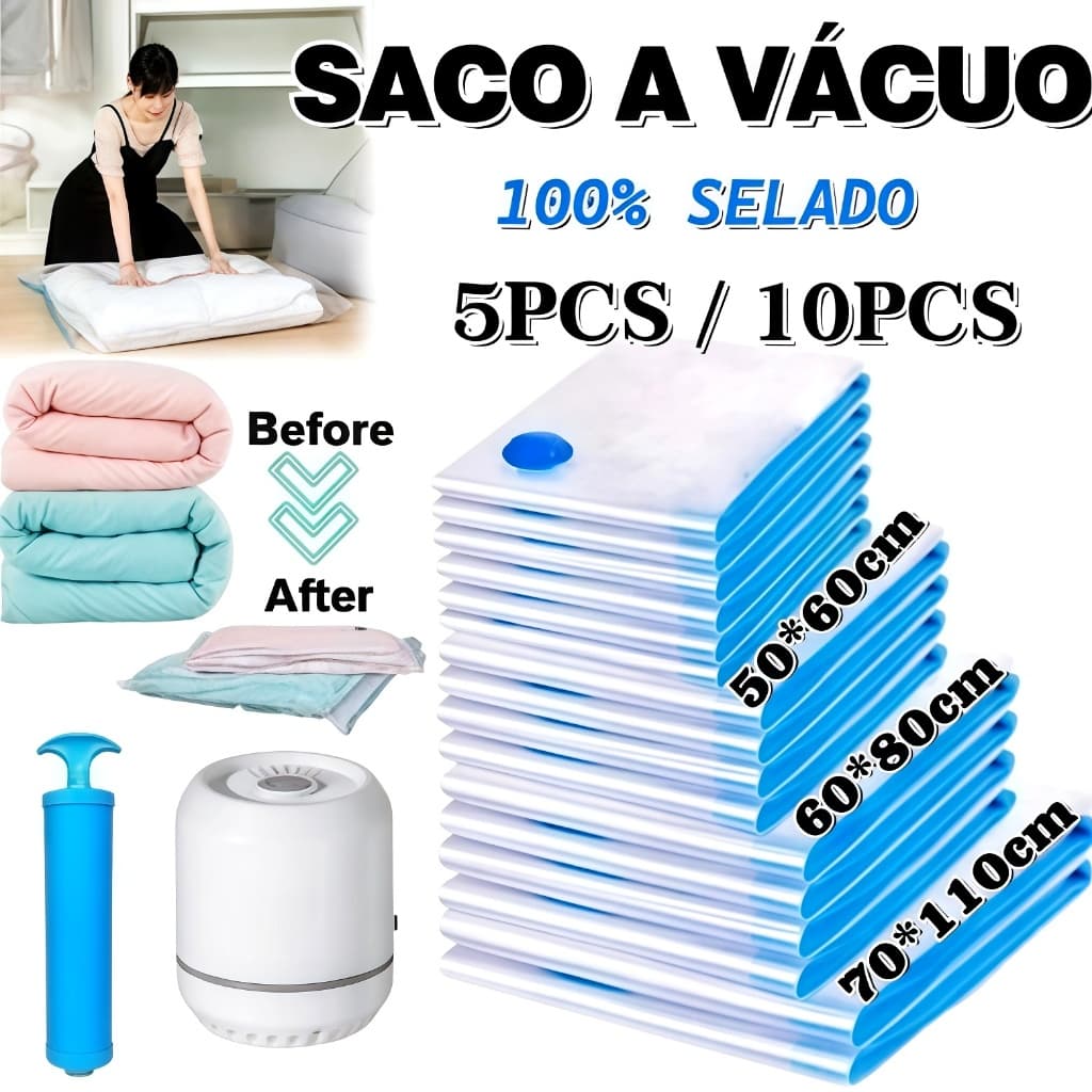 Kit 5/10 Saco a Vacuo COM ou SEM Bomba Organização de Roupas Mala Viagem Guarda Roupas Edredom Cobertor Vários Tamanhos