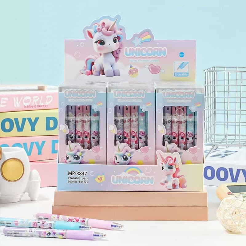 Kit Canetas Apagaveis Cartoon Botao Pressao Novas Cores Presente Estudante Menina