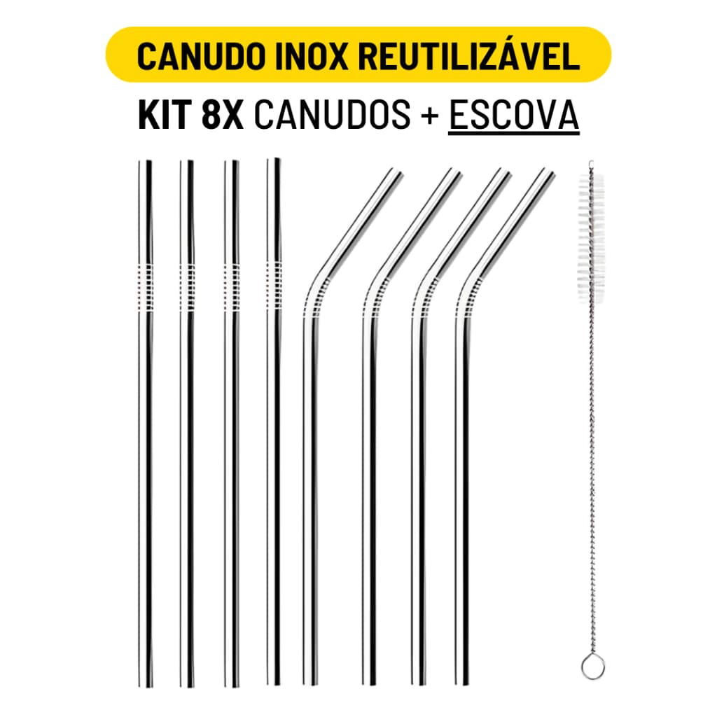 Kit 8 Canudos Inox Curvos com Escova Ecológico Reutilizáveis Laváveis