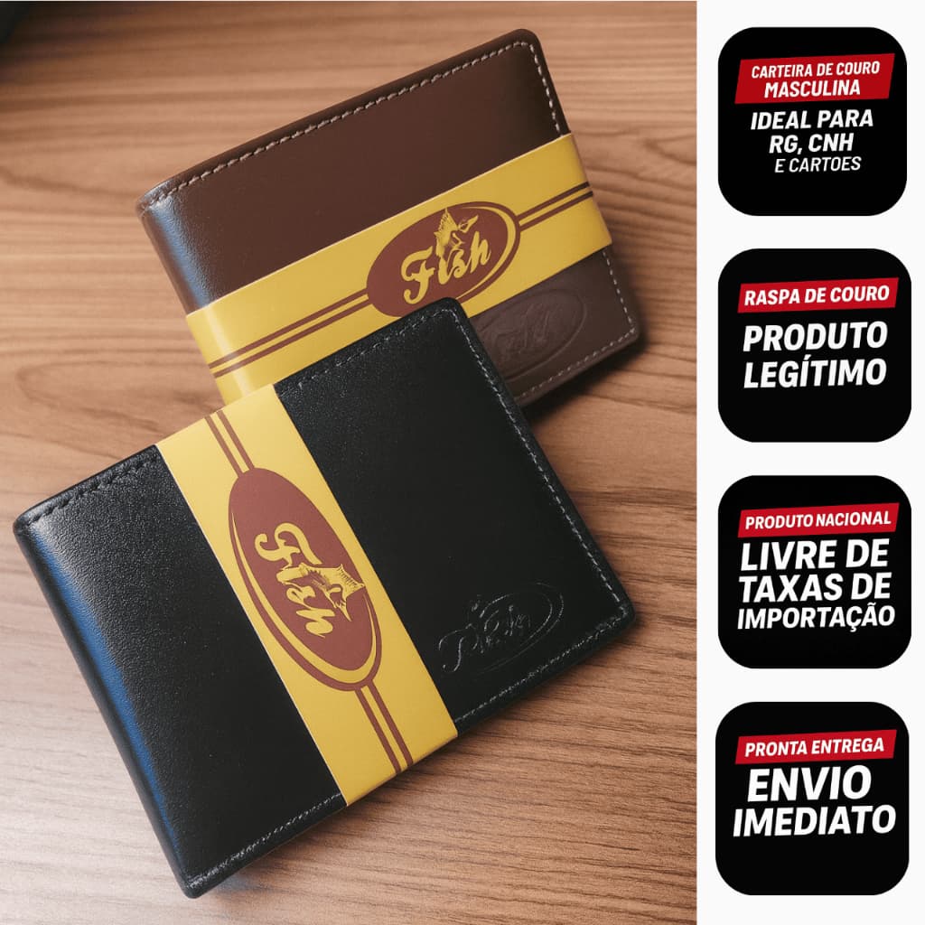 Carteira Masculina Couro Natural Fish Porta Cartão Slim Pequena para RG CNH Cartões – Preto/Marrom