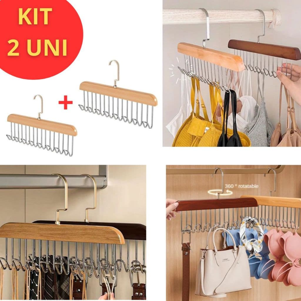 Kit 2 Cabides de Madeira Para Cintos Gravatas Cachecóis Sutiãs Colares Organizador Com 8 Ganchos