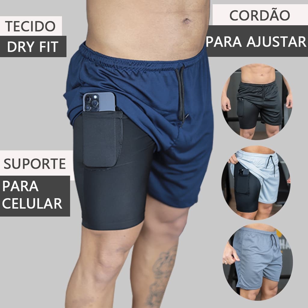 Shorts 2 em 1 Dry Fit Masculino com bolso interno para colocar celular, ótimo para treinar, correr super confortavel