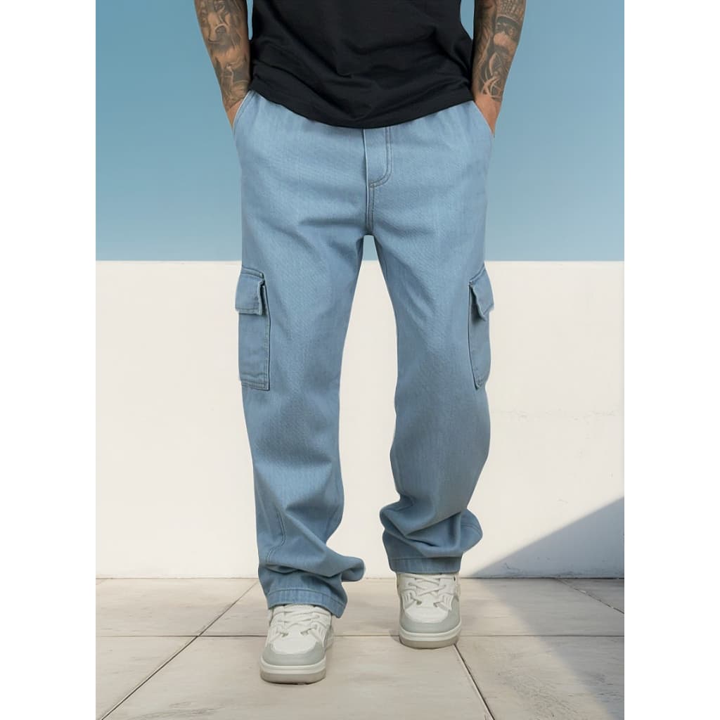 Calça Cargo Jeans Masculina Larga Com 5 Bolsos Estilo Skate