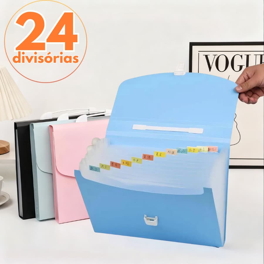 Pasta Organizadora de Documentos A4 24 Divisórias Expansível com Alça e Identificação