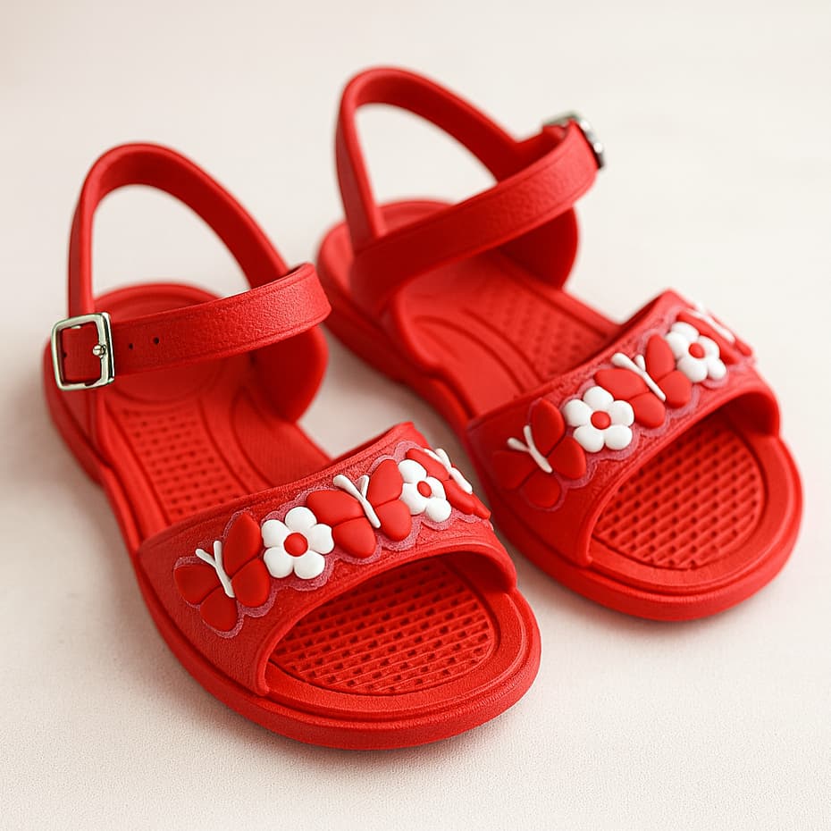 Sandália Infantil Menina Vermelha Flor e Borboleta Leve e Confortável Melky
