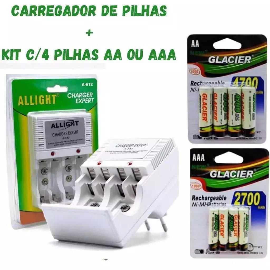 Kit Carregador De Pilhas Aa/Aaa/Bateria 9v Recarregáveis
