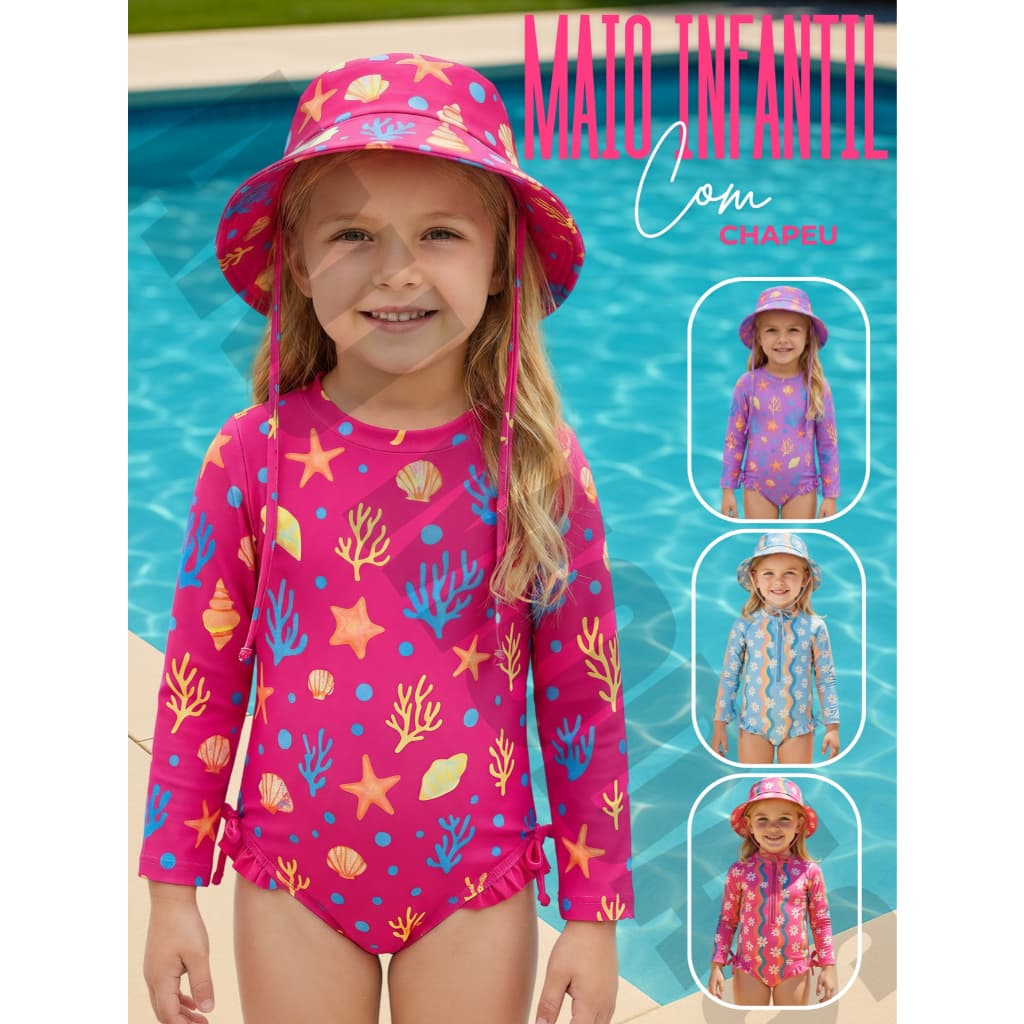 Maiô infantil Com Chapéu Manga Longa Menina Proteção Solar Uv 50 Maio