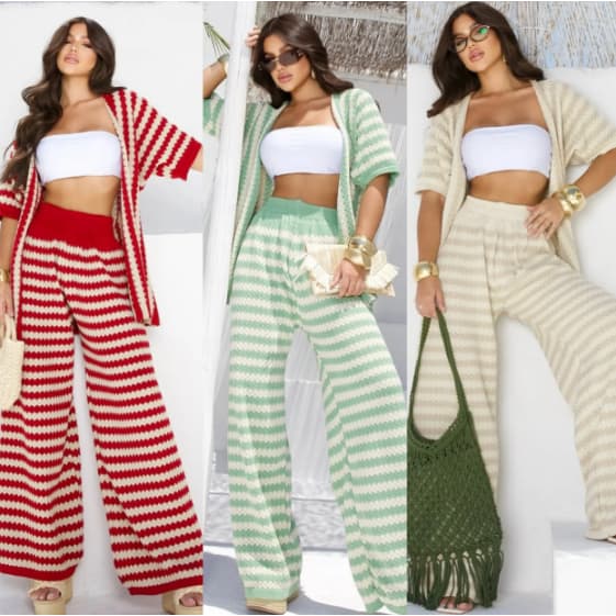 Conjunto De Calça Kimono Tricot Com Cardigan Longoe Calça Listrada Natal Moda Praia Verão 2026 Feminina