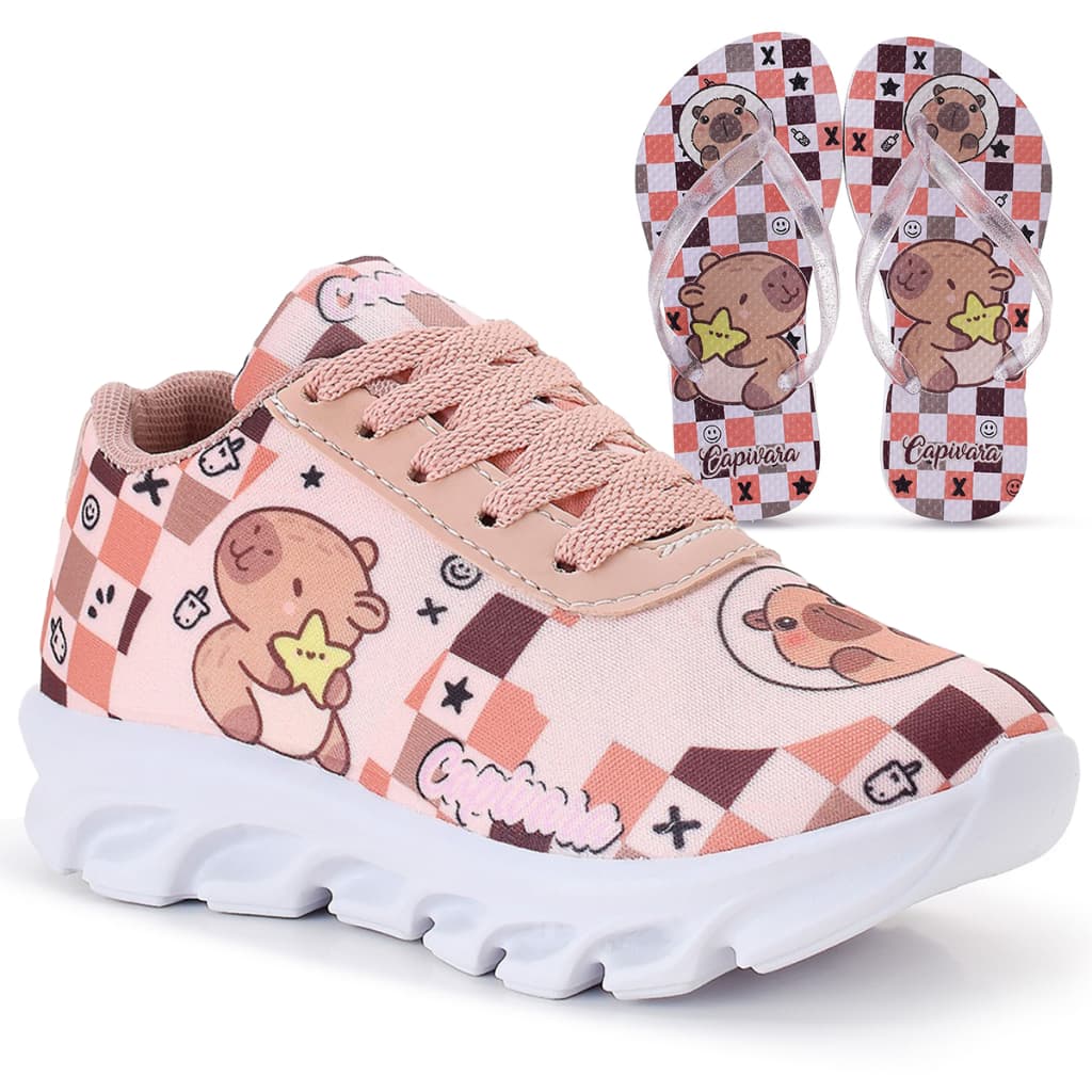 Kit Tênis Infantil Capivara Menina Casual + Chinelo Infantil