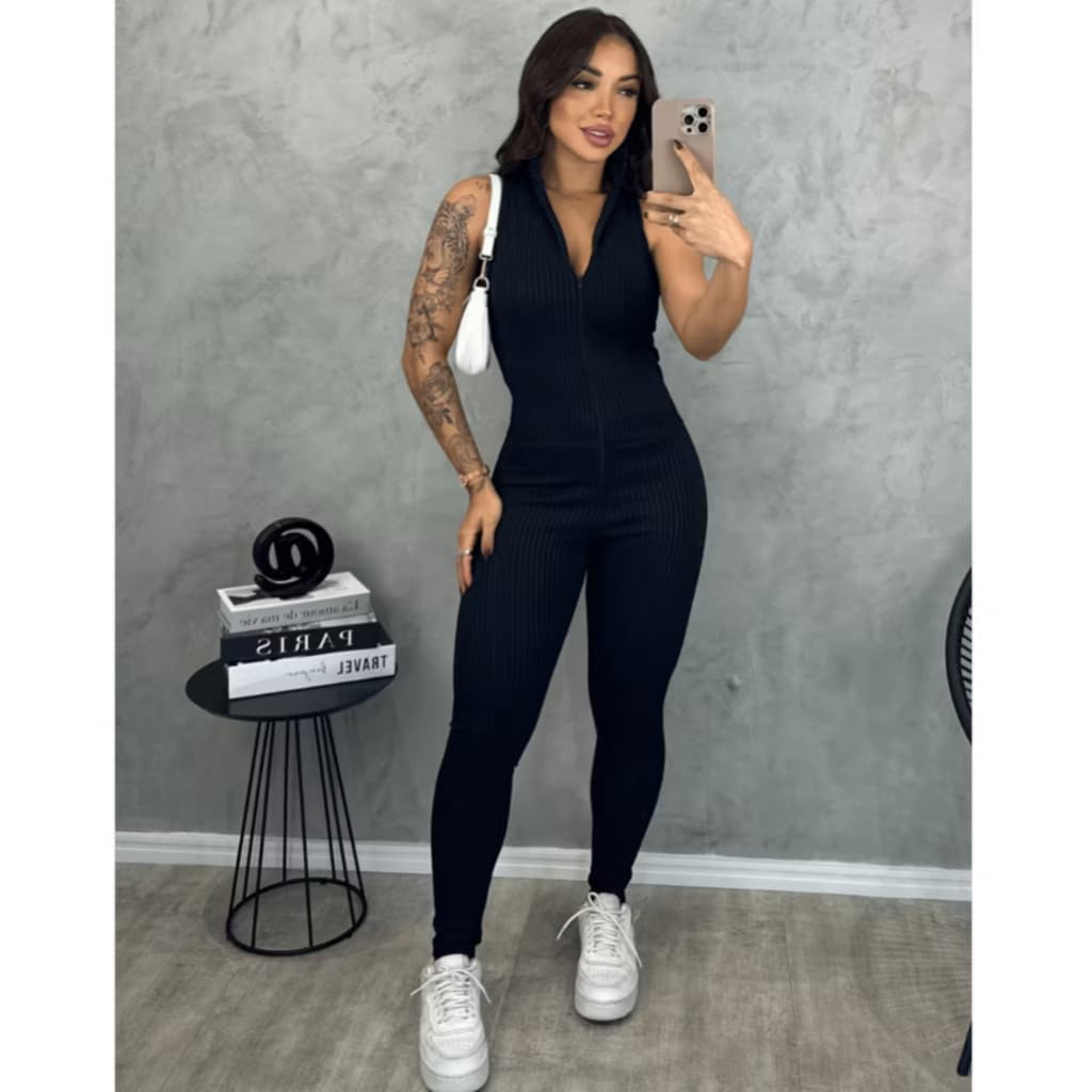 Macacão Feminino Regata Com Zíper Justo Canelado 3D TENDENCIAS PREMIUM