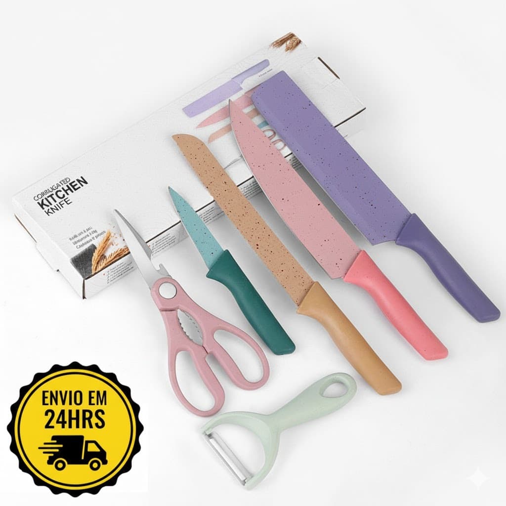 Kit 1/2 Jogos de Facas Gourmet 6 Peças Facas Coloridas com Tesoura e Descascador