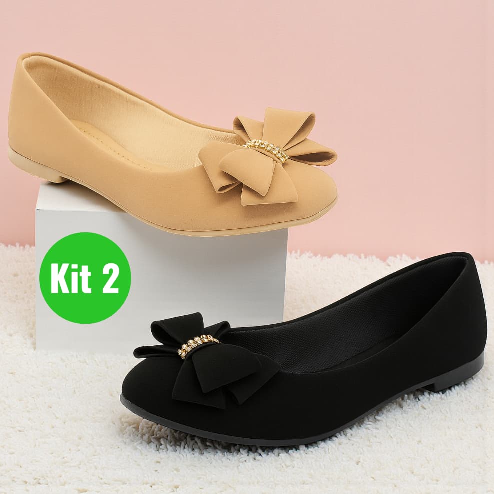 Kit 2 Pares Sapatilha Feminina com Laço Strass Confortável Sapato Casual Bico Fino Social
