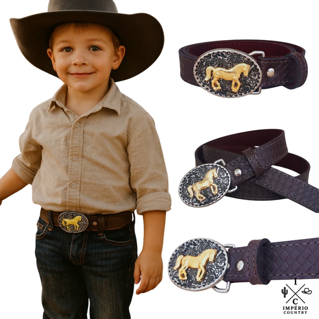 Cinto Infantil Cowboy bebe com Fivela Enfeitada cavalo Dourado Charme e Tradiçao Rodeio Festa Junina